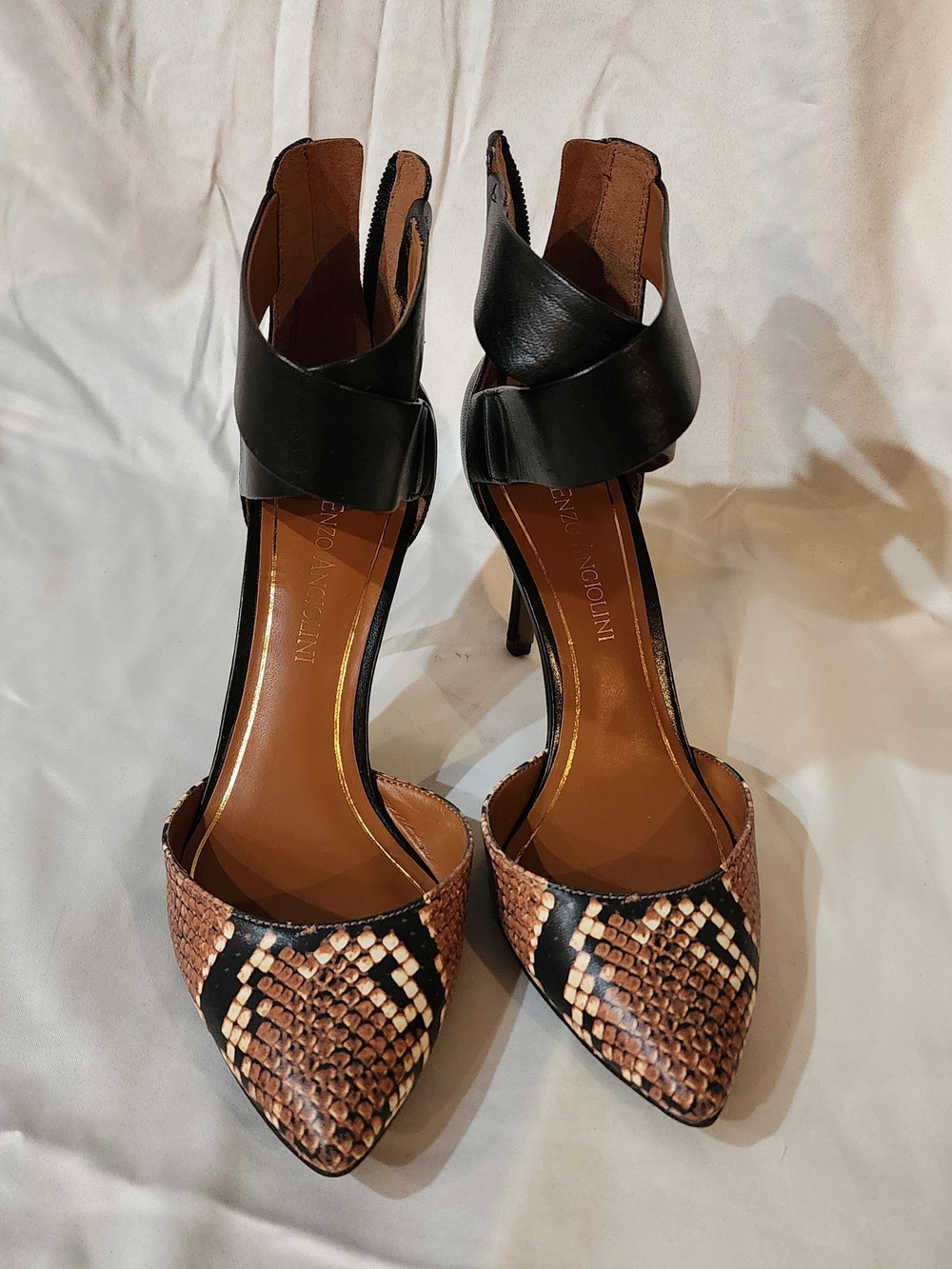Enzo Angiolini Black and Brown Snakeskin Pointed-Toe Ankle-Strap Heels